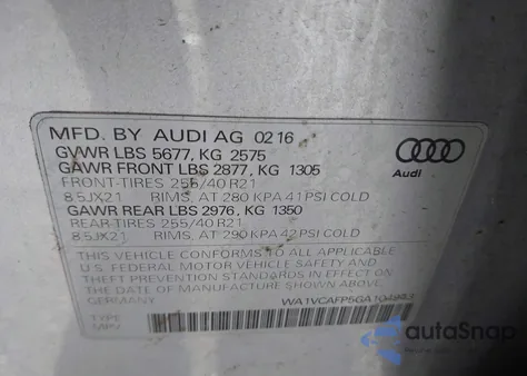 2016 Audi Sq5 3.0T Premium Plus из США, поврежденный, VIN WA1VCAFP5GA104943